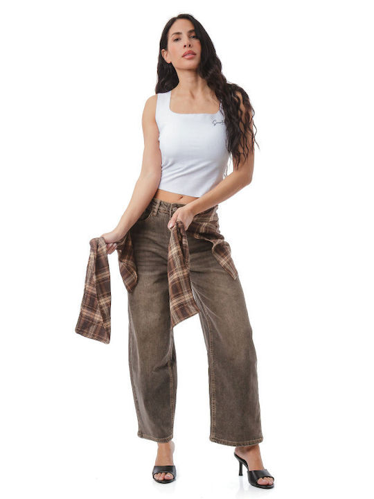 High Rise Women's Jean Pants in Wide Leg Style Brown