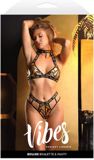 Fantasy Lingerie Boujee Mesh Halter Bralette Set Gold