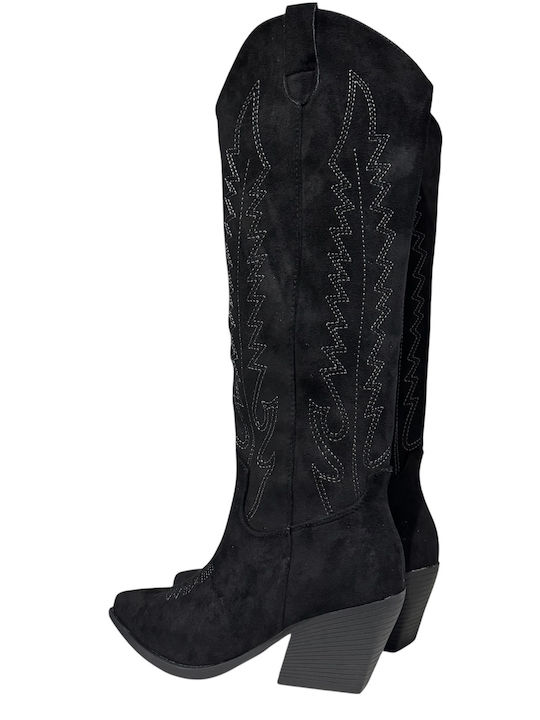 Cizme Dama Cowboy de Catifea cu Toc Mediu Negre