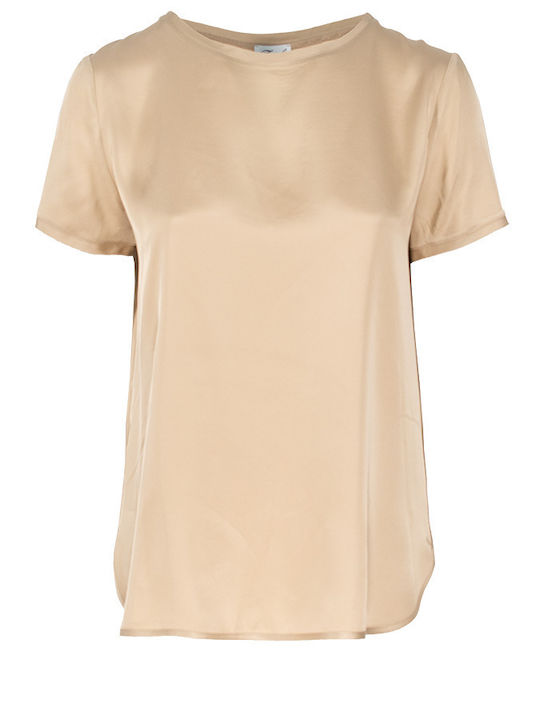 Women's Blouse Satin Short Sleeve Beige