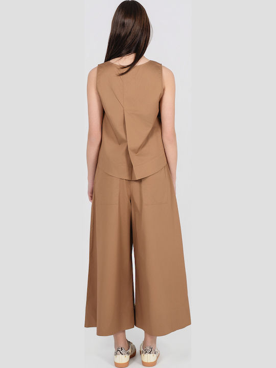 Γυναικείο Crop Top Βαμβακερό Αμάνικο Taupe