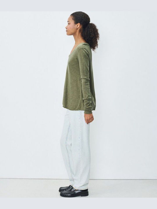 Women's Long Sleeve Sweater Woolen with V Neckline Green