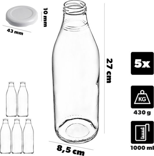 Kadax Бутилка за Вода Стъклена с Винтов Капак Прозрачен 1000ml 5 Броя