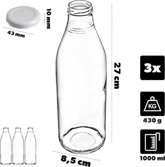 Kadax Бутилка за Вода Стъклена с Винтов Капак Прозрачна 1000ml 3 Броя