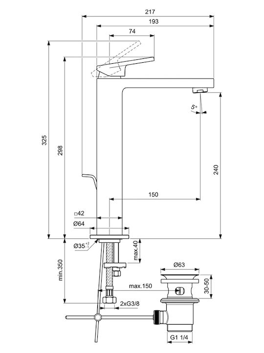 Ideal Standard Αναμεικτική Μπαταρία Νιπτήρα Ψηλή Ασημί
