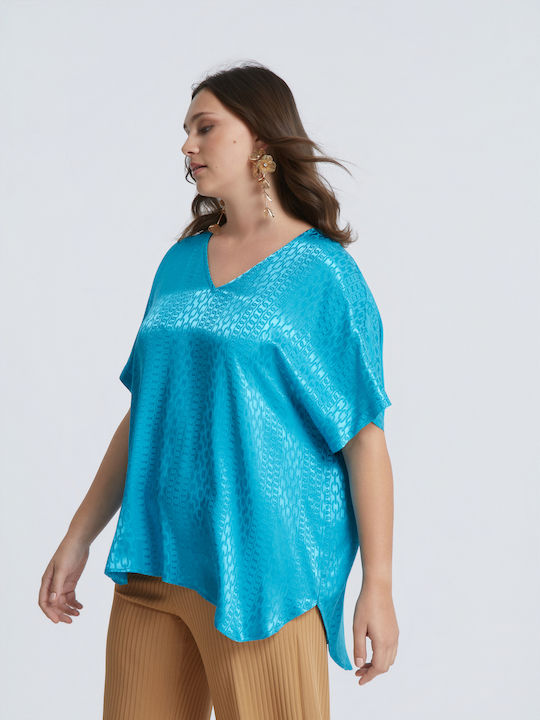 Women's Blouse Short Sleeve with V-Neckline Turquoise