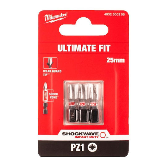 Milwaukee Pz1x25mm Schraubendreher-Bits Ausgeschliffener Stahl Set 3 Stück
