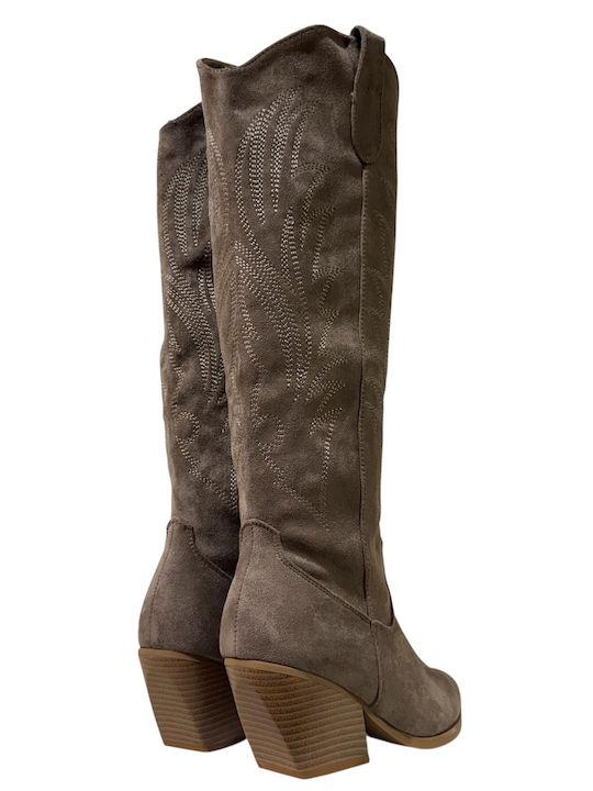 Suede Women's Cowboy Boots with Mid Heel Brown