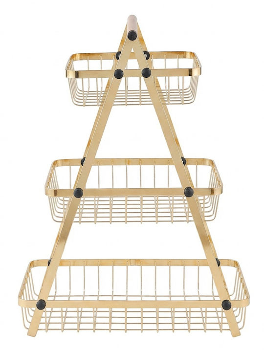 Cheffinger Fruit Vegetable Basket 3-tier Stainless Steel Wooden Handle Gold