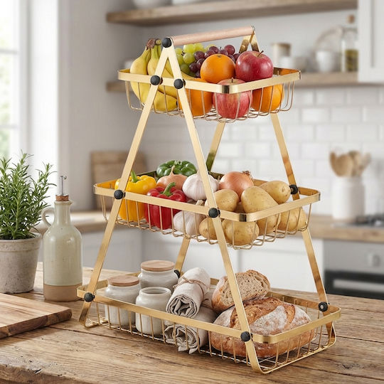 Cheffinger Obstschale 3 Niveaus Edelstahl Holzgriff Gold