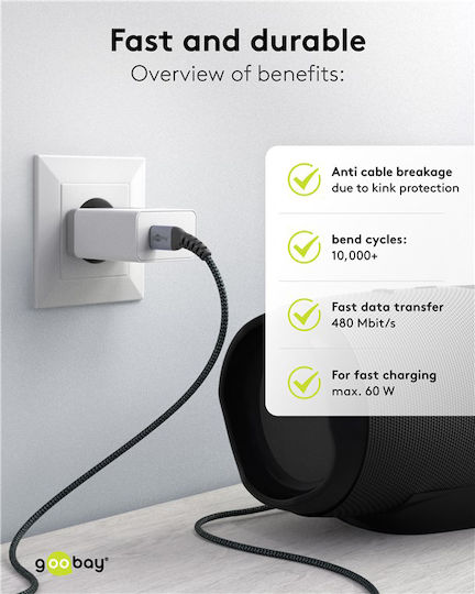 Goobay Braided USB 2.0 Cable USB-C Male - USB-C 60W Black 0.15m 79559
