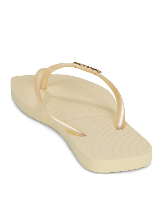 Square Logo Metallic Flip Flops in Beige Colour