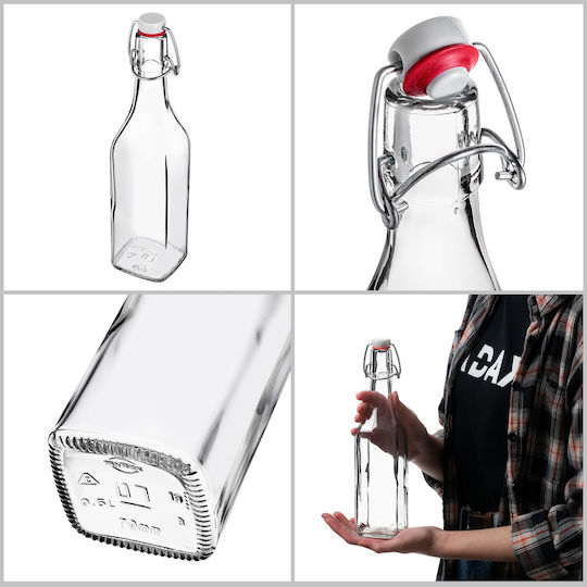 Kadax Μπουκάλι Νερού Γυάλινο με Κλιπ Διάφανο 500ml 5 Τεμάχια