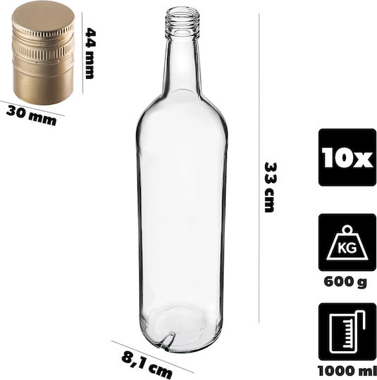 Glass Bottle 1000ml Long Golden Cap 10 Pcs