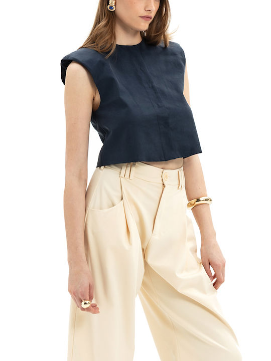 Women's Cotton Sleeveless Crop Top Blue