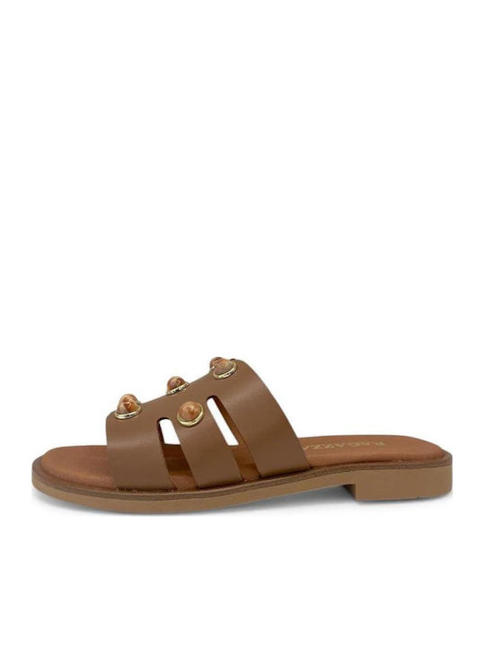 Leather Women's Flat Sandals Tabac Brown