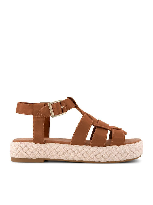 Δερμάτινα Γυναικεία Σανδάλια Flatforms Καφέ