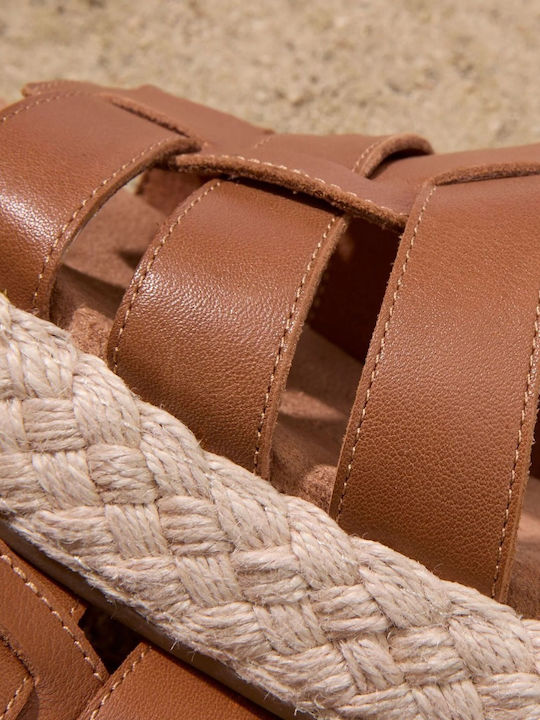 Δερμάτινα Γυναικεία Σανδάλια Flatforms Καφέ