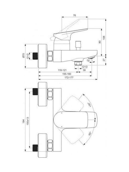 Ideal Standard Ceralife C Αναμεικτική Μπαταρία Μπανιέρας Μαύρη
