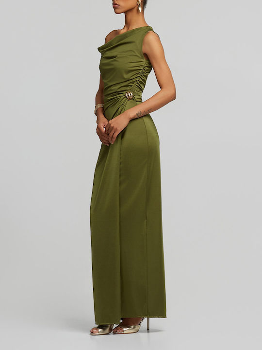 Maxi Damenkleid für Hochzeit - Taufe Satin Khaki