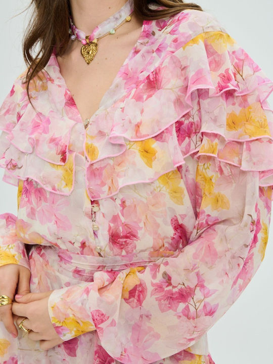 Summer Mini Shirt Dress with Ruffles Floral