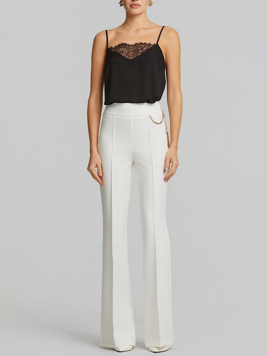 Women's High Rise Fabric Flared Trousers in Regular Fit Ecru