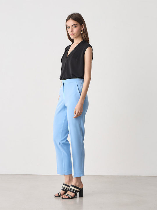 Pantaloni Dama Crep Cu Elastic Talie Înaltă Bleu