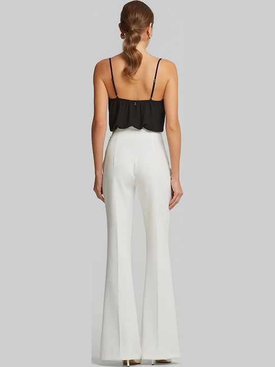 Women's High Rise Fabric Flared Trousers in Regular Fit Ecru