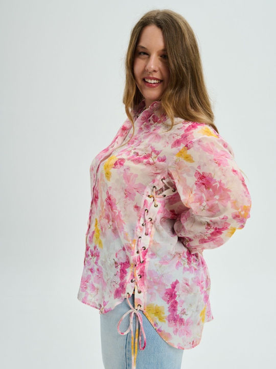 Long Sleeve Women's Silky Floral Pink Shirt