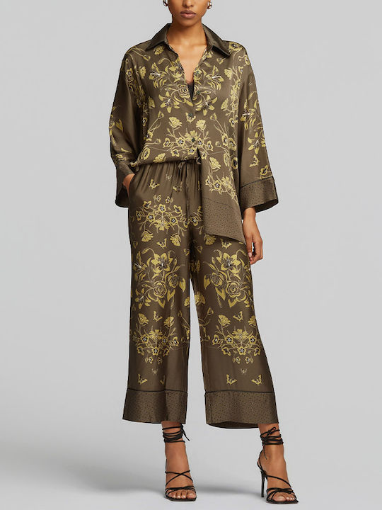 Long Sleeve Women's Satin Shirt Khaki