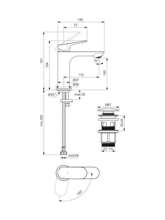 Ideal Standard Αναμεικτική Μπαταρία Νιπτήρα Ασημί