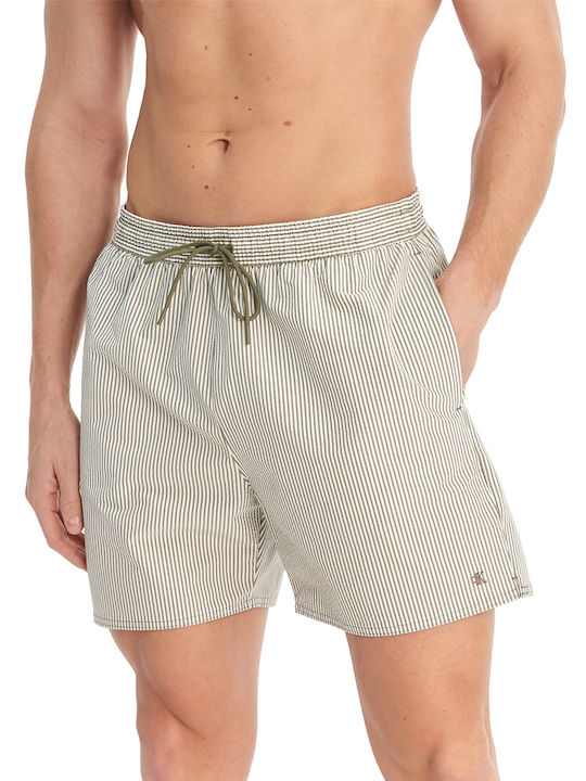 Medium Drawstring Men's Swimwear Shorts White-Khaki Striped