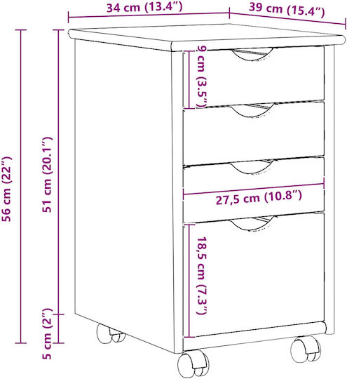 Office Drawer Made of Solid Wood with Wheels Brown 34x39x56cm