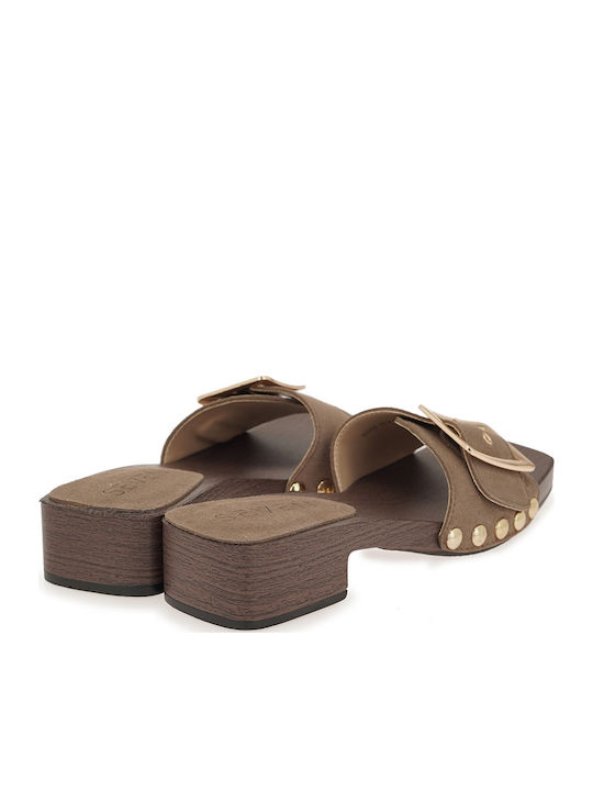 Suede Mules with Low Heel in Brown Colour