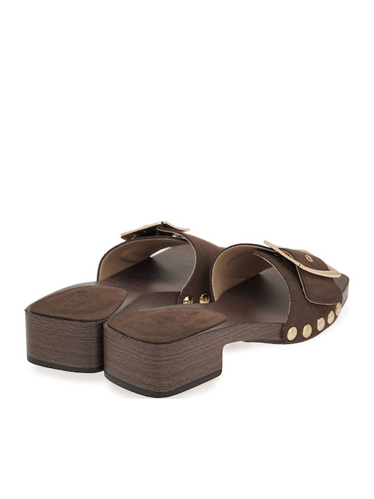 Suede Mules με Χαμηλό Τακούνι σε Καφέ Χρώμα