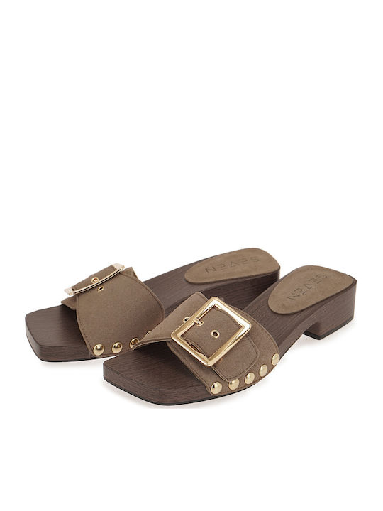 Suede Mules with Low Heel in Brown Colour