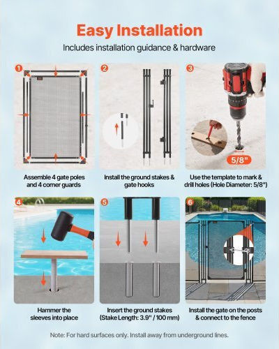 Vevor Pool Fence Gate 1.2 X 0.75 M Inground Swimming Pool Fences Gate Outdoor Security Fencing Door Kit Metal Latch 352 Gsm Teslin Pvc Mesh Round Tube Lockable Easy Installation Black