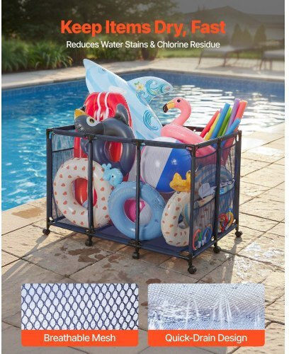 Vevor Pool Storage Bin 125 X 84 X 84 Cm Rolling Pool Float Storage Organizer Side Pockets & Casters Heavy Duty Metal Frame Poolside Toys Noodles Holder Mesh Basket Swimming Pools