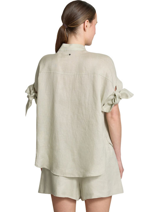 Langärmeliges Damenleinen-Halbknopfhemd Beige