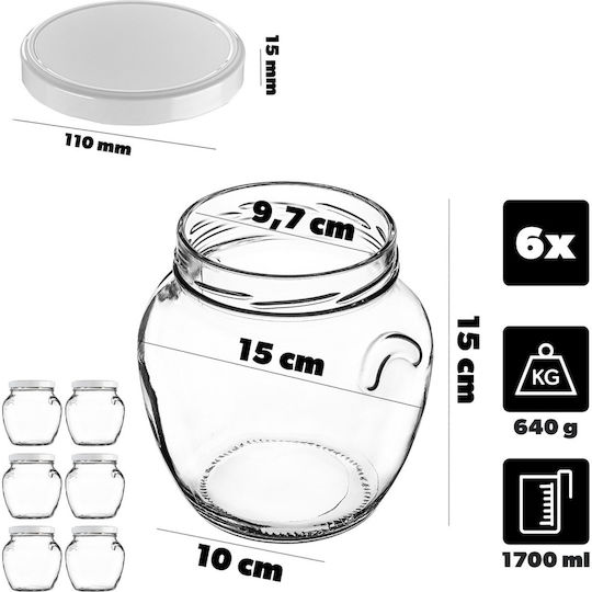 Kadax Set of 6 General Use Glass Jars with White Lid 1700ml 6 Pieces