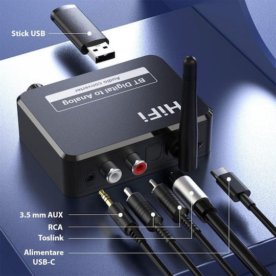 Convertor Audio Digital La Analog Ot13 Compatibil Bluetooth 5.1 Usb 3.5 Mm Aux Cablu Audio Optic Rca Negru