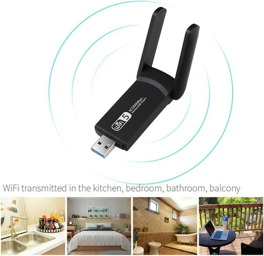Безжичен Ac 1300 Двуобхватен Адаптер 1200mbps Usb 3.0 2.4g/5g Дълъг Обхват 2 Антени Черен