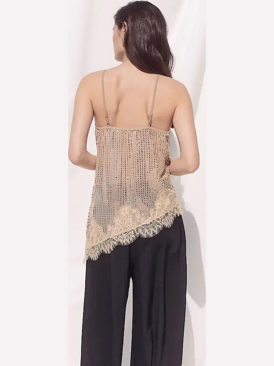 Women's Sleeveless Blouse with V Neckline Beige