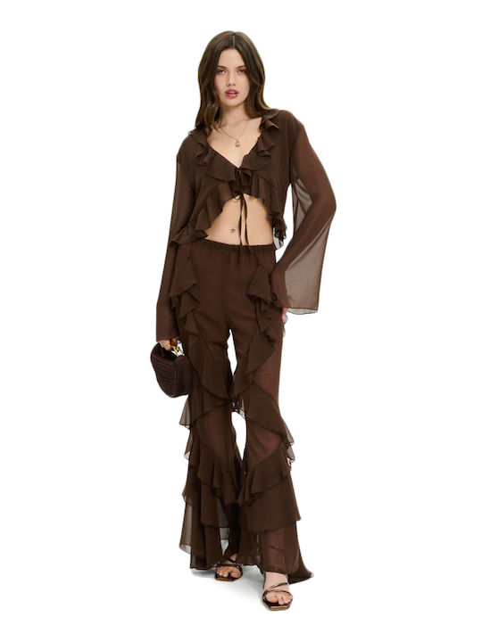 Women's Crop Top Long Sleeve Brown
