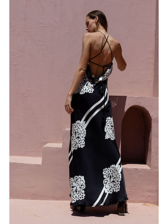 Summer Maxi Evening Open Back Dress Ecru / Black