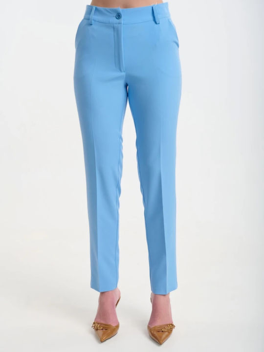 Women's High Rise Crepe Trousers in Slim Fit Light Blue