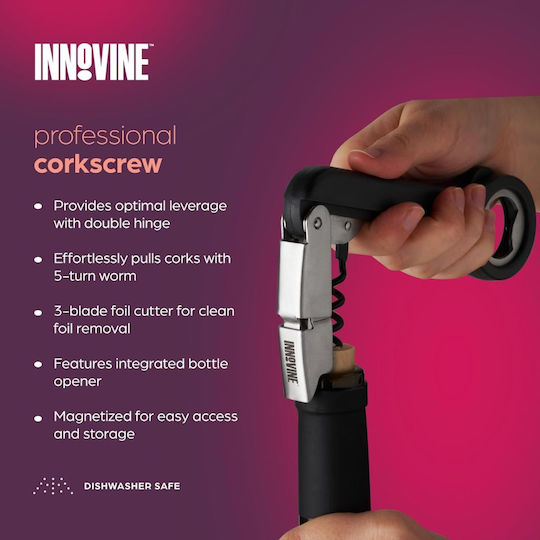 Innovine 12049 Professional Magnetic Corkscrew Double Lever & Cutter Black