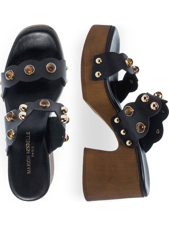Leather Mules with Chunky High Heel in Black Colour