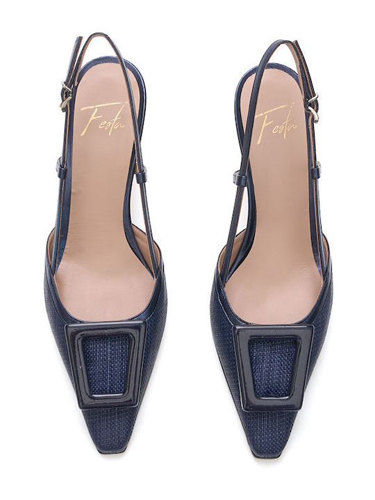 Leder Pumps mit Riemen & Mittelhohem Absatz Navy Blau