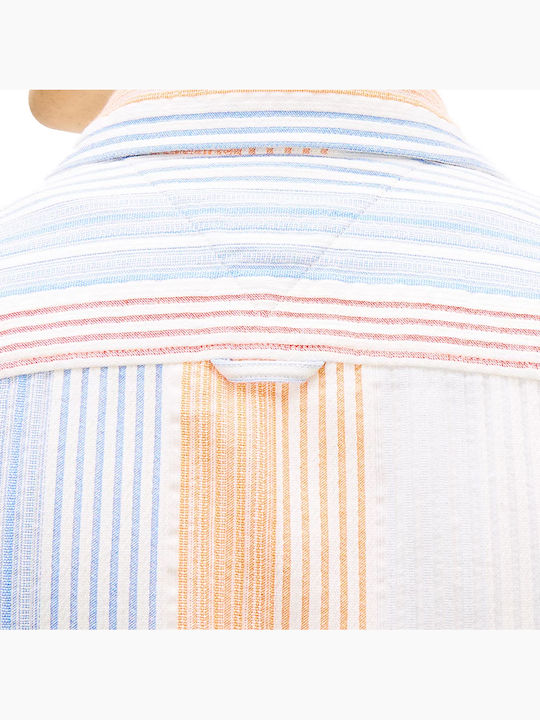 Short Sleeve Cotton Shirt Striped Ecru-Orange-Light Blue
